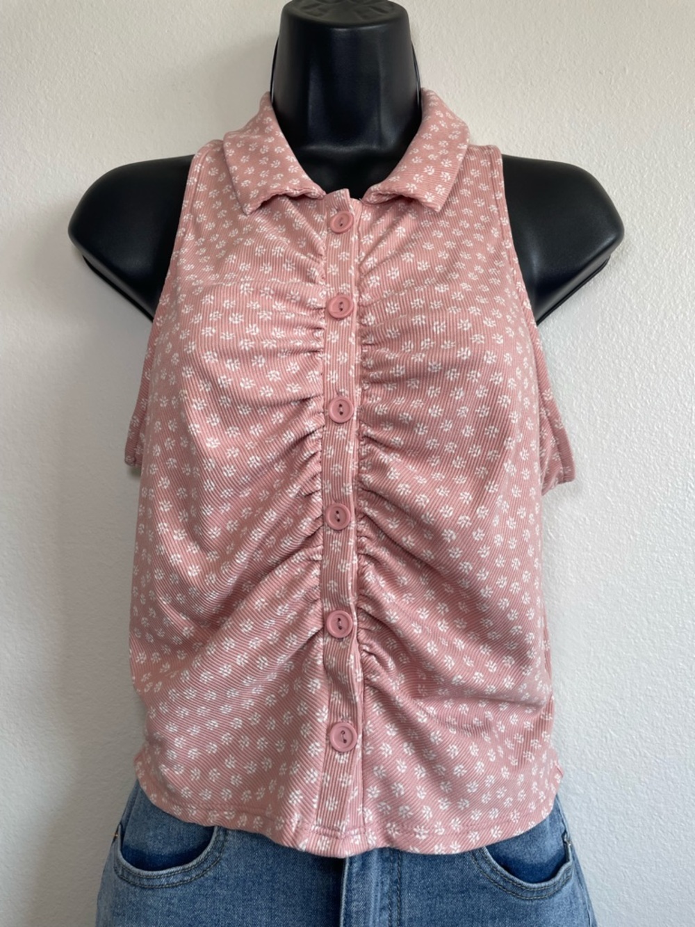Skönhet Pink Floral Ribbed Ruched Button Front Tank Top Size Large - Picture 2 of 9
